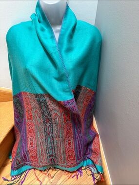 VTG Teal & Purple Paisley Fringe Wrap Scarf / Shawl